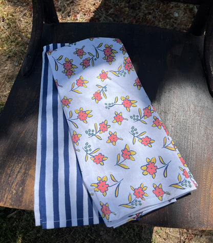 Flourish Blue Stripe & Floral Dish Towel Set of 2