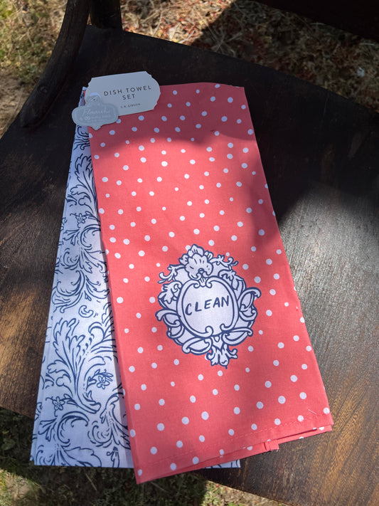 Flourish Coral & Blue Designer Dish Towel Set of 2