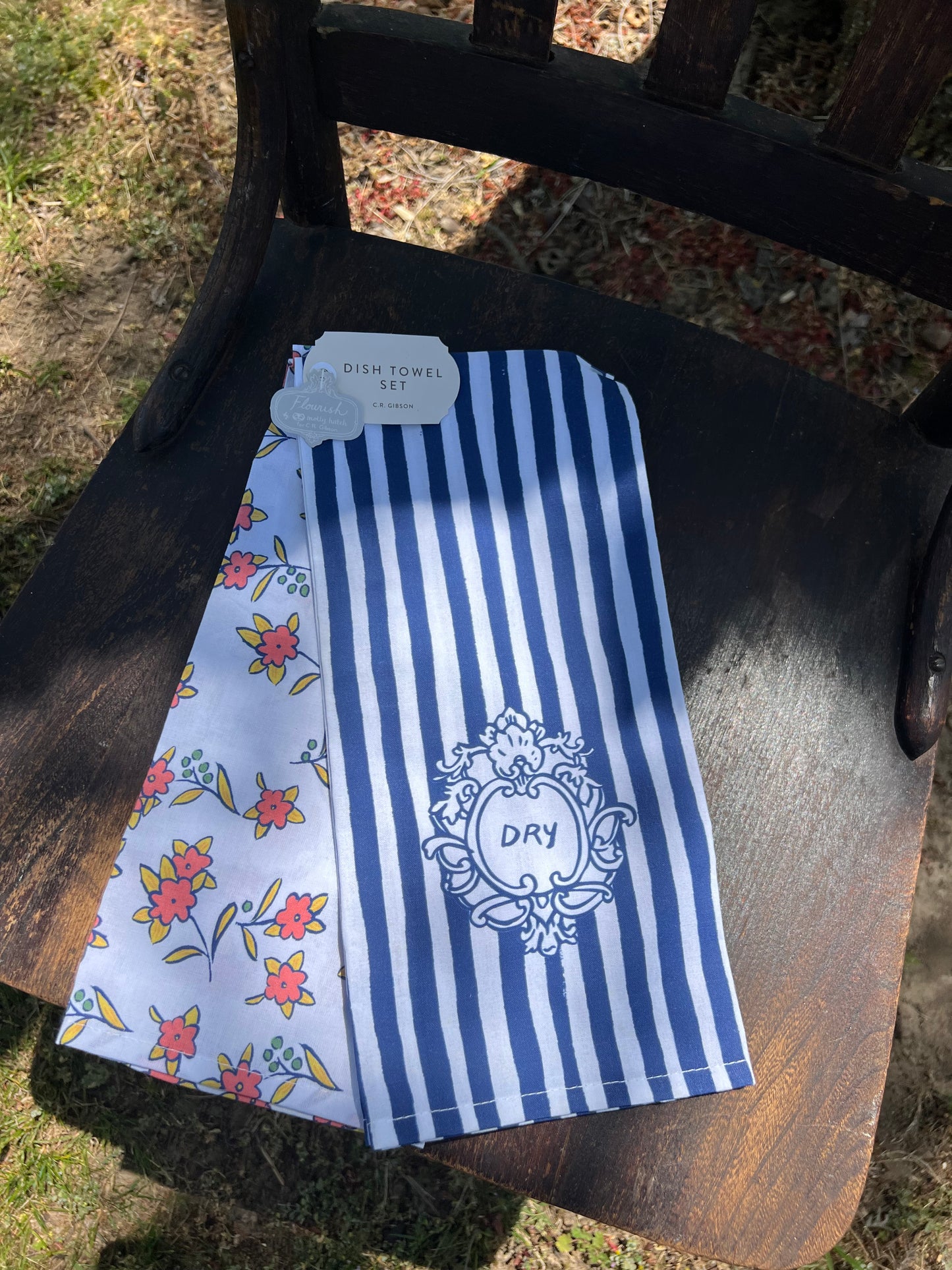 Flourish Blue Stripe & Floral Dish Towel Set of 2