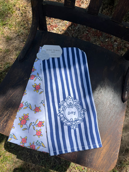 Flourish Blue Stripe & Floral Dish Towel Set of 2
