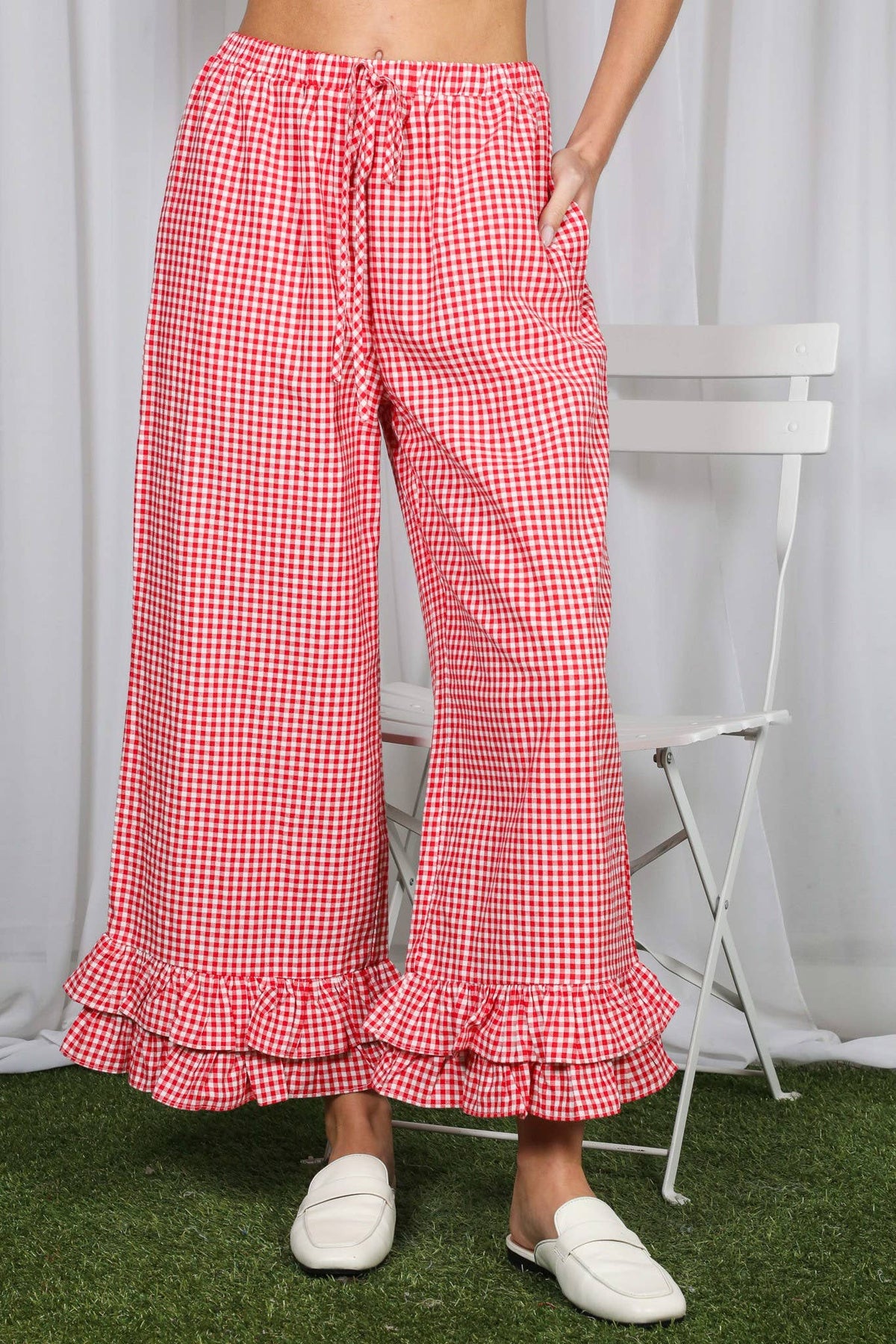 Gingham Casual Ruffled Hem 100%Cotton Cropped Pants
