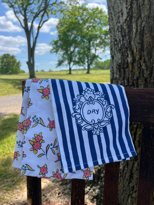 Flourish Blue Stripe & Floral Dish Towel Set of 2