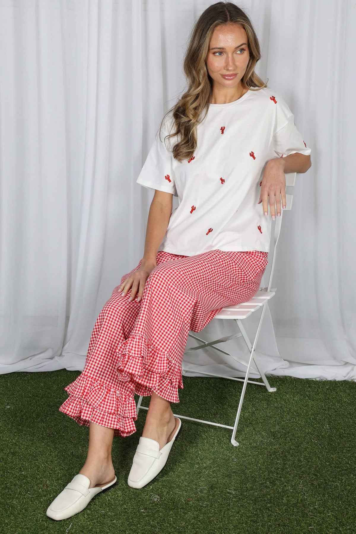 Gingham Casual Ruffled Hem 100%Cotton Cropped Pants