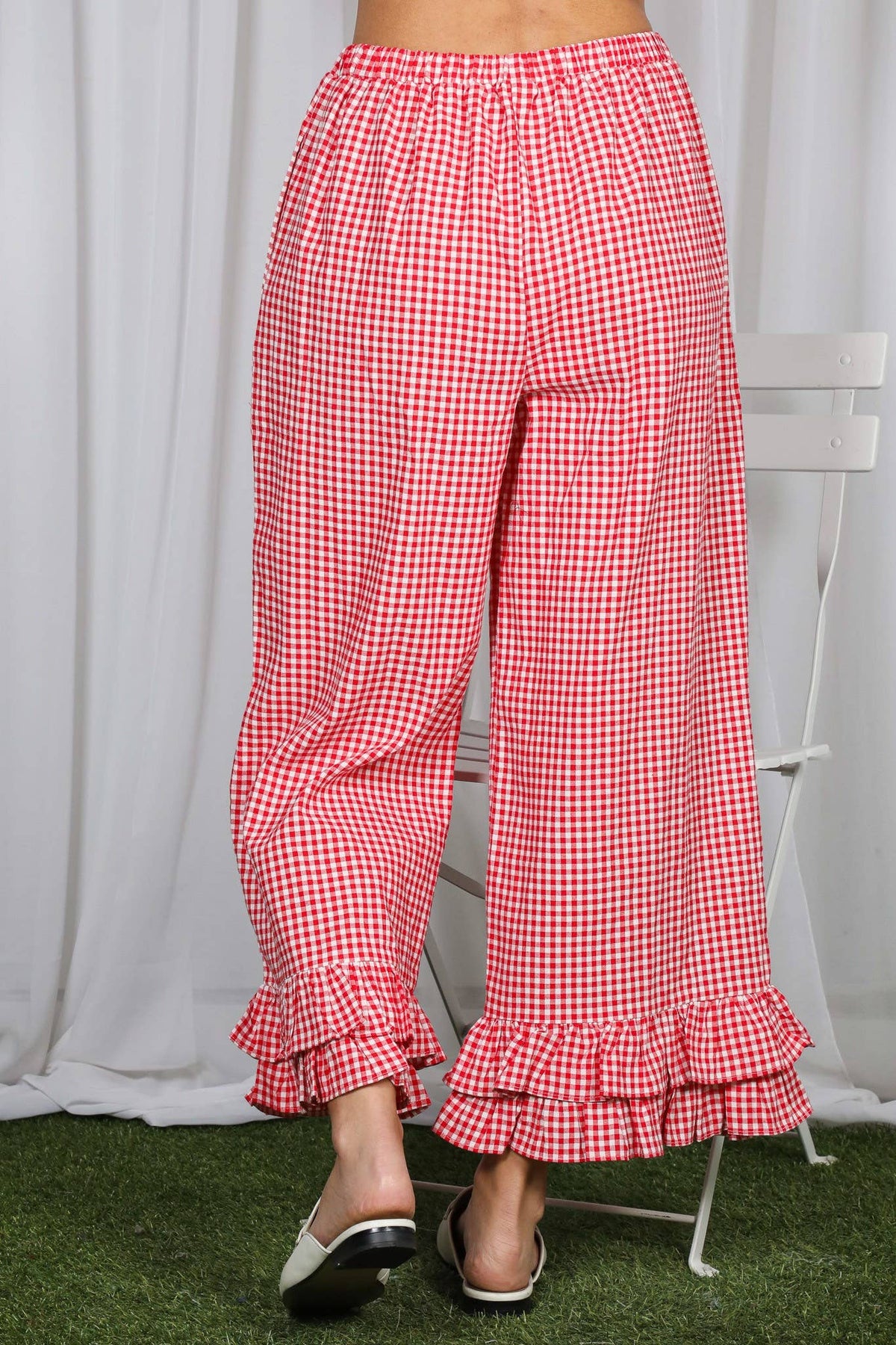 Gingham Casual Ruffled Hem 100%Cotton Cropped Pants