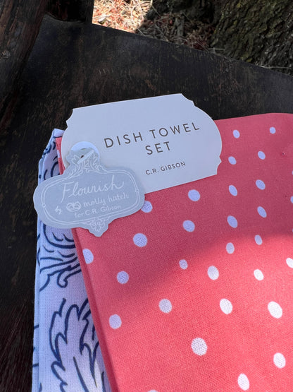 Flourish Coral & Blue Designer Dish Towel Set of 2