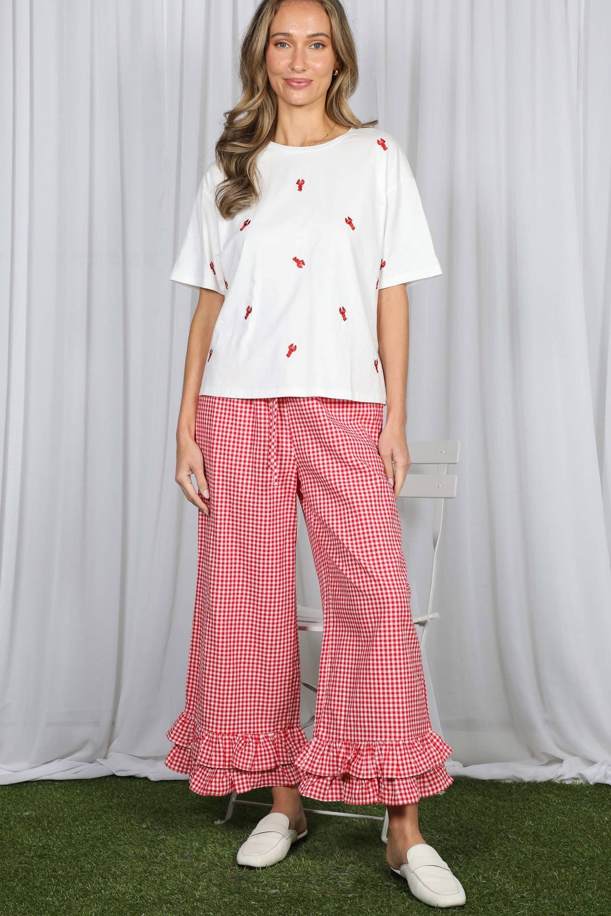 Gingham Casual Ruffled Hem 100%Cotton Cropped Pants