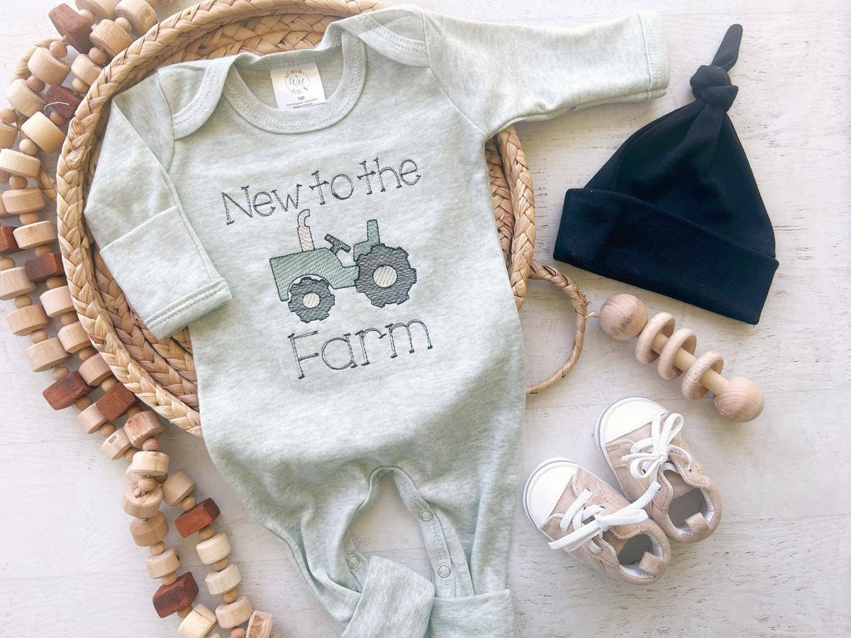 Baby Sage Romper | Baby Boy Outfit - Tractor New To The Farm