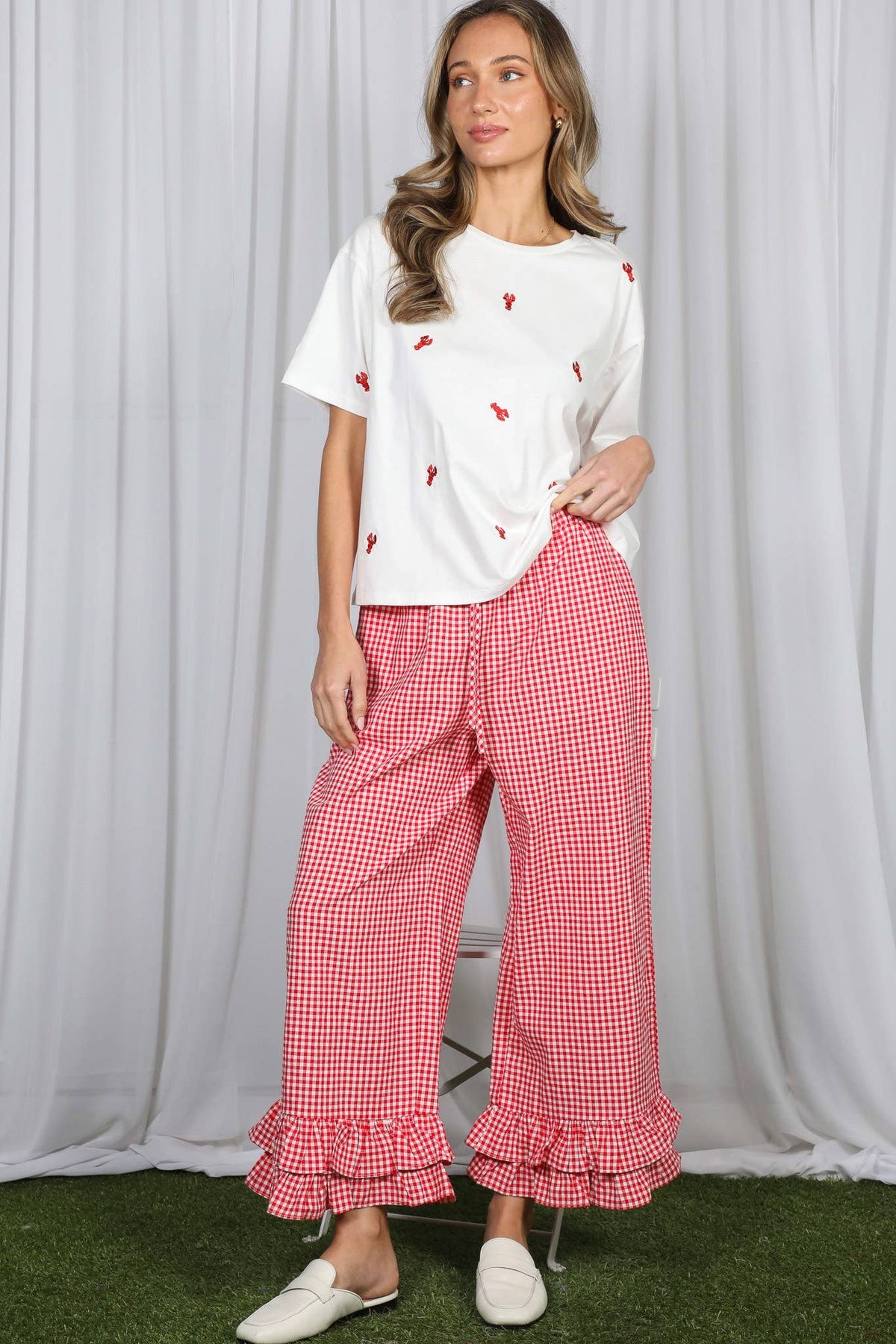 Gingham Casual Ruffled Hem 100%Cotton Cropped Pants