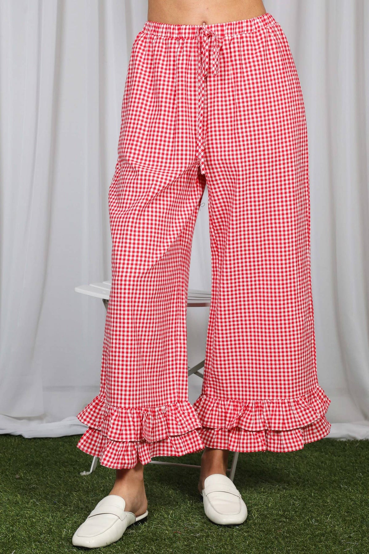 Gingham Casual Ruffled Hem 100%Cotton Cropped Pants